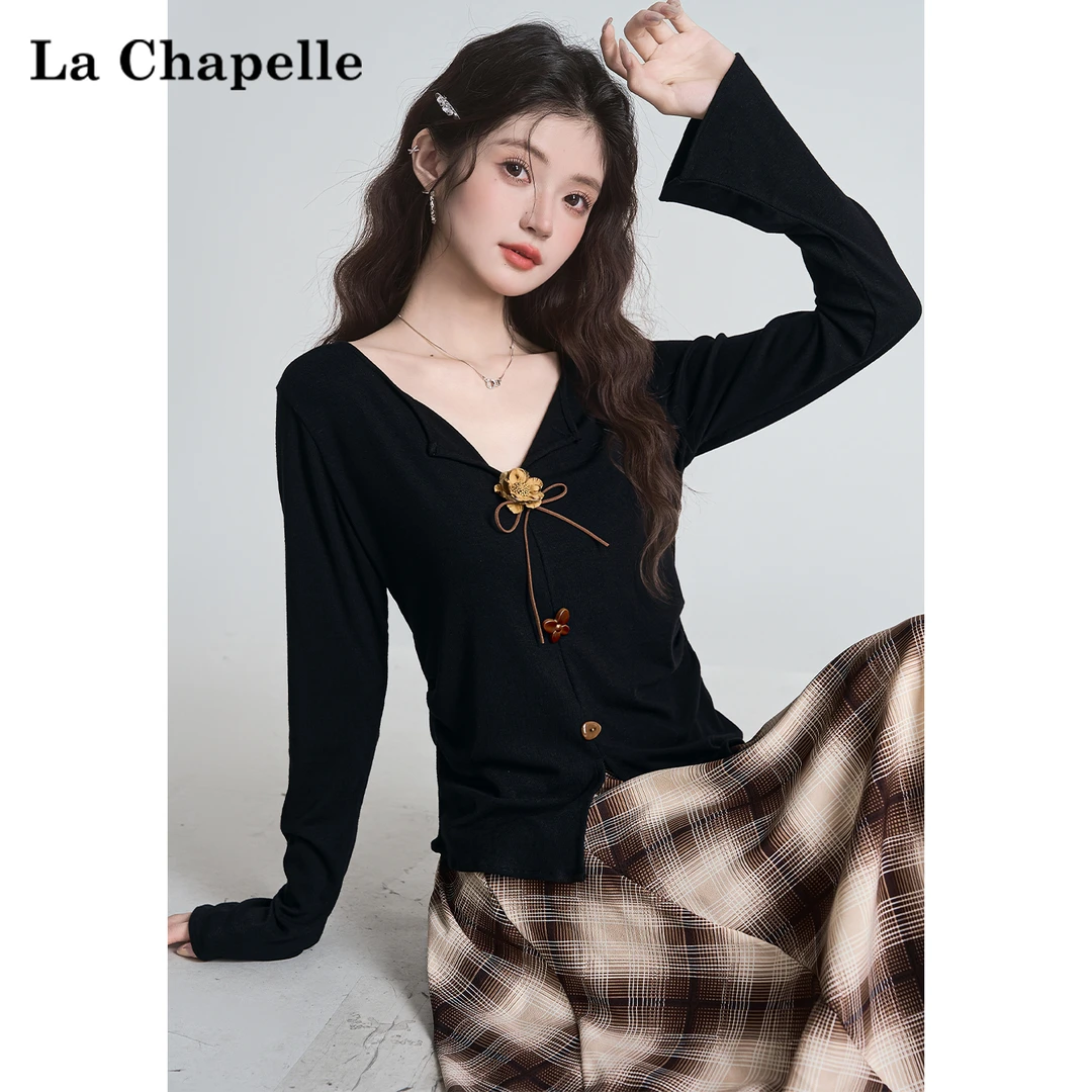 拉夏贝尔法式复古蝴蝶结V领长袖T恤女秋季新款收腰喇叭袖小衫上衣