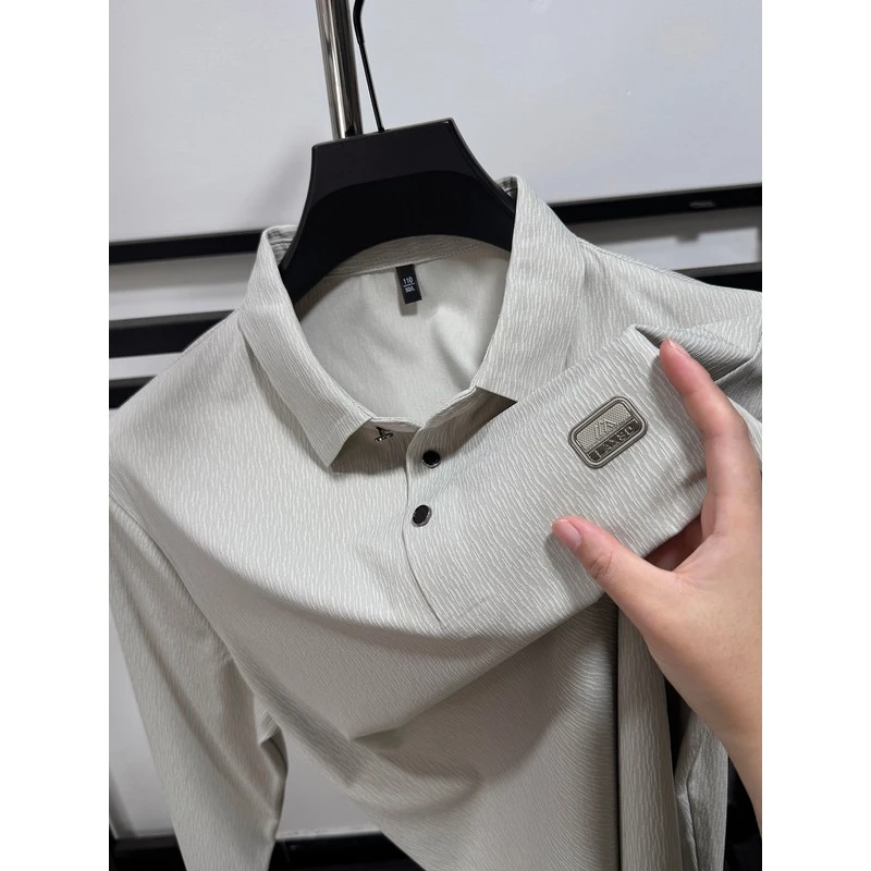 DeweLvum冰丝翻领长袖t恤商务休闲开叉polo衫宽松轻奢高端上衣男