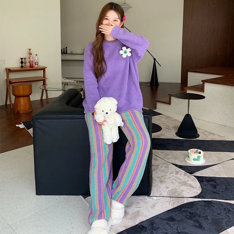 洋气秋冬居家服女彩色条纹软绵绵半边绒睡衣加厚保暖珊瑚绒套装潮