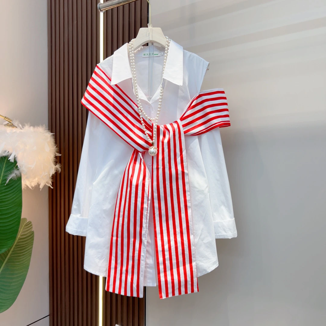 2025年欧洲站早春新款时尚洋气早春新款条纹绑带设计感中长款衬衫