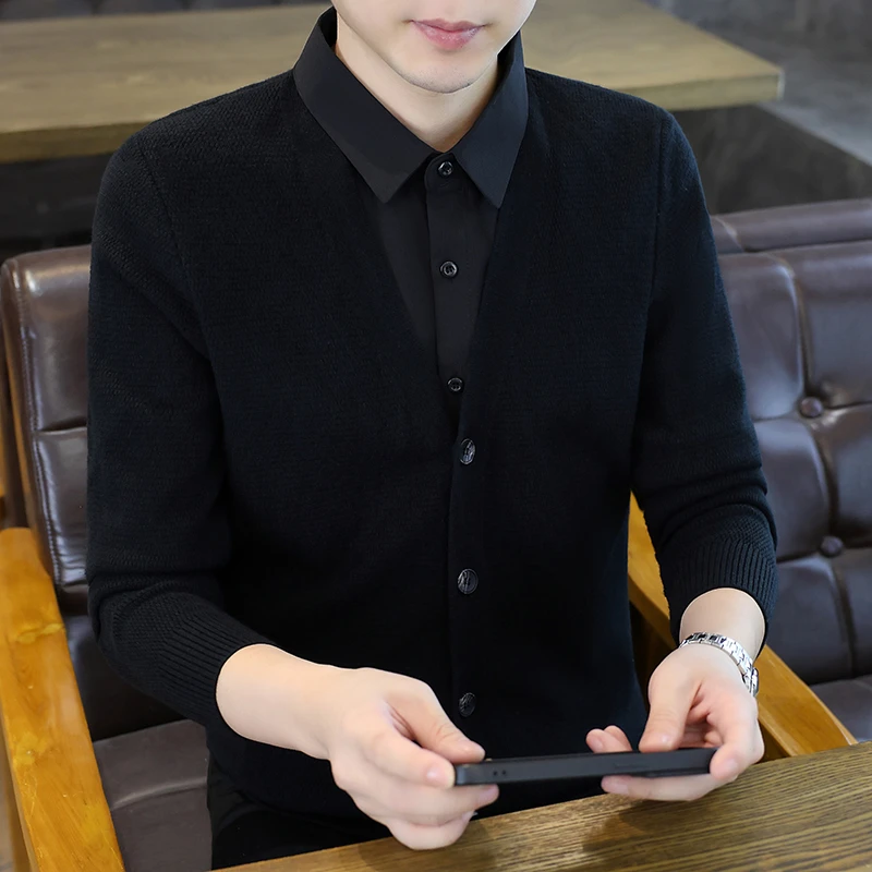 提花假两件可系扣衬衫领针织衫毛衣2025秋季新款V领开衫帅气男装