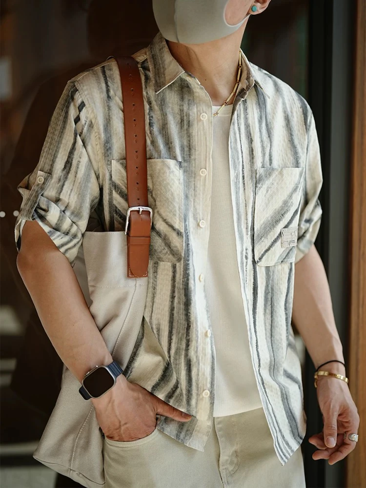 港风复古扎染竖条纹男士拼色短袖衬衫夏季新款潮牌宽松痞帅翻领
