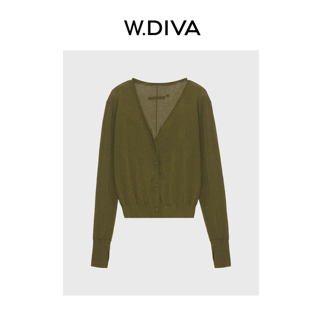 W.Diva【绿野开衫】超细纱织羊毛风格卷边V领纽扣式针织女52Z092088