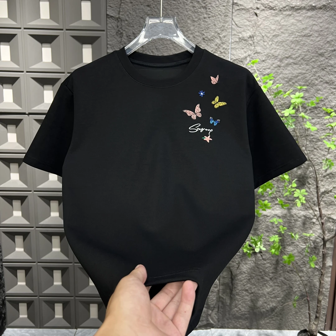 早秋简约百搭圆领钢印男士百搭加厚短袖T恤黑色上衣衫70212