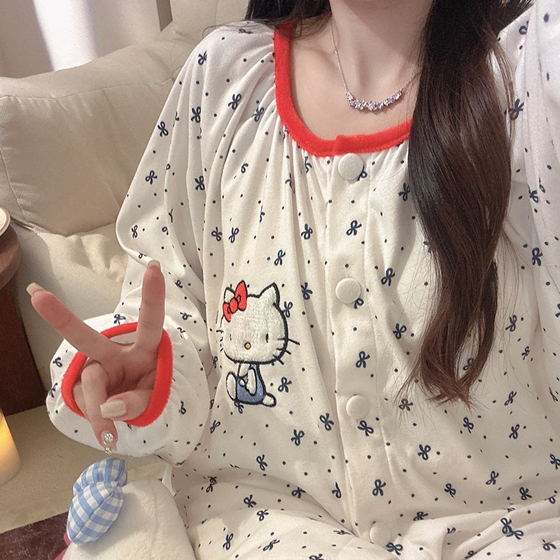 德绒藏蓝蝴蝶结kitty睡衣女生秋冬季长袖长裤加厚保暖家居服套装