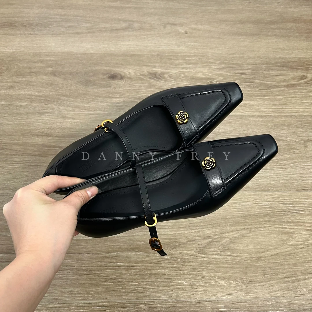 Dannyfrey法式复古方头一字带玛丽珍鞋山茶花金属扣单鞋4CM