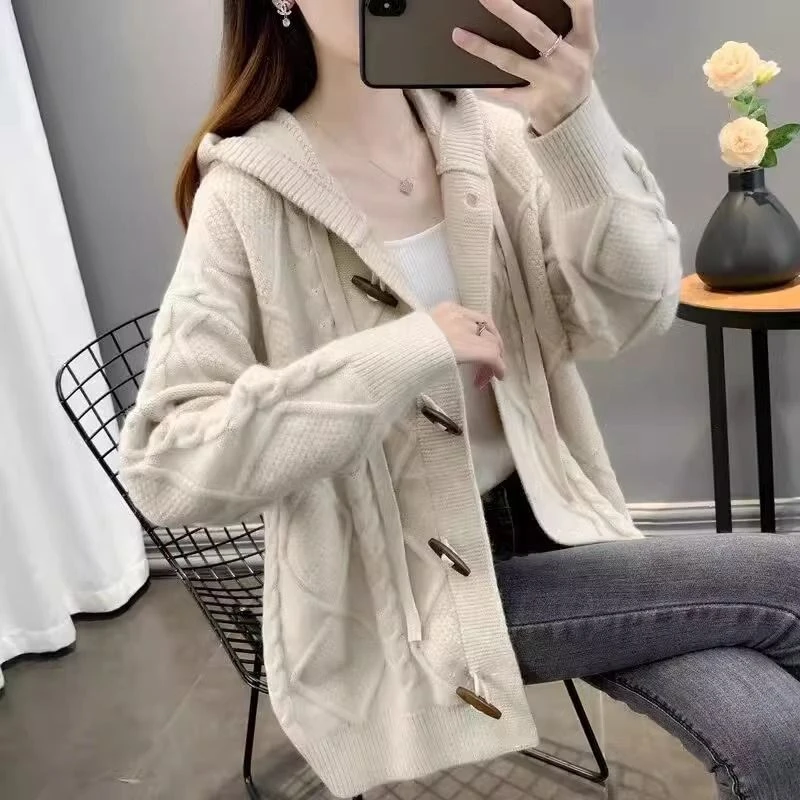 连帽毛衣外套女秋季新款时尚气质洋气慵懒风秋冬宽松针织开衫