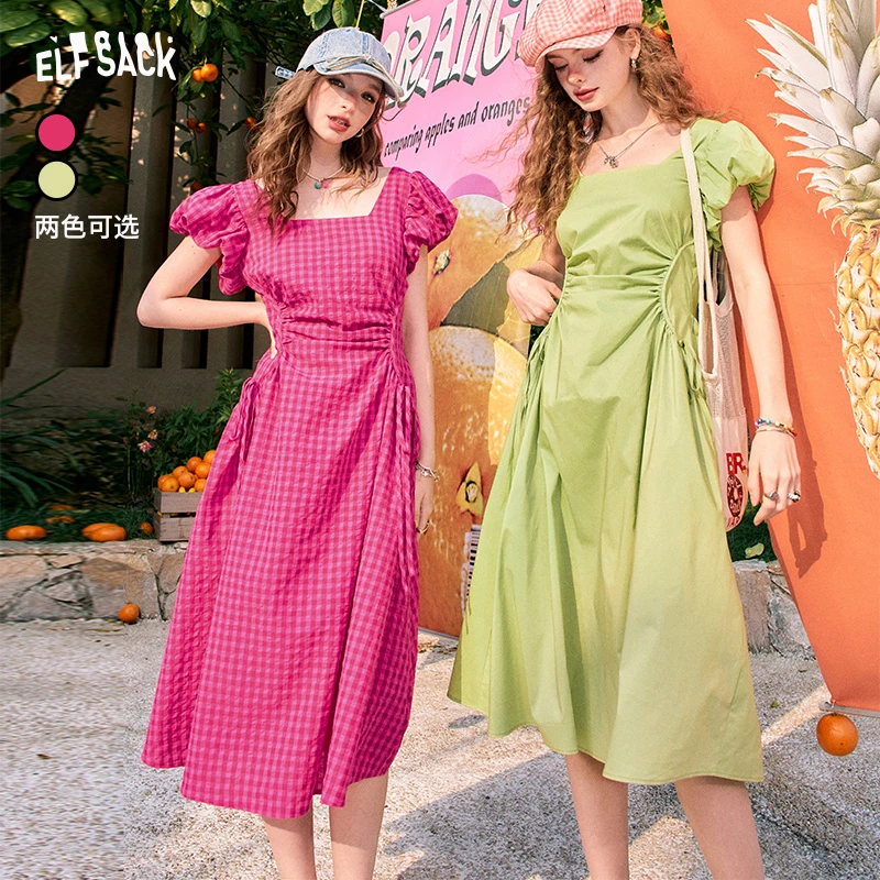 【小铃铛】妖精的口袋杨梅配橄榄法式方领格子泡泡袖连衣裙女夏