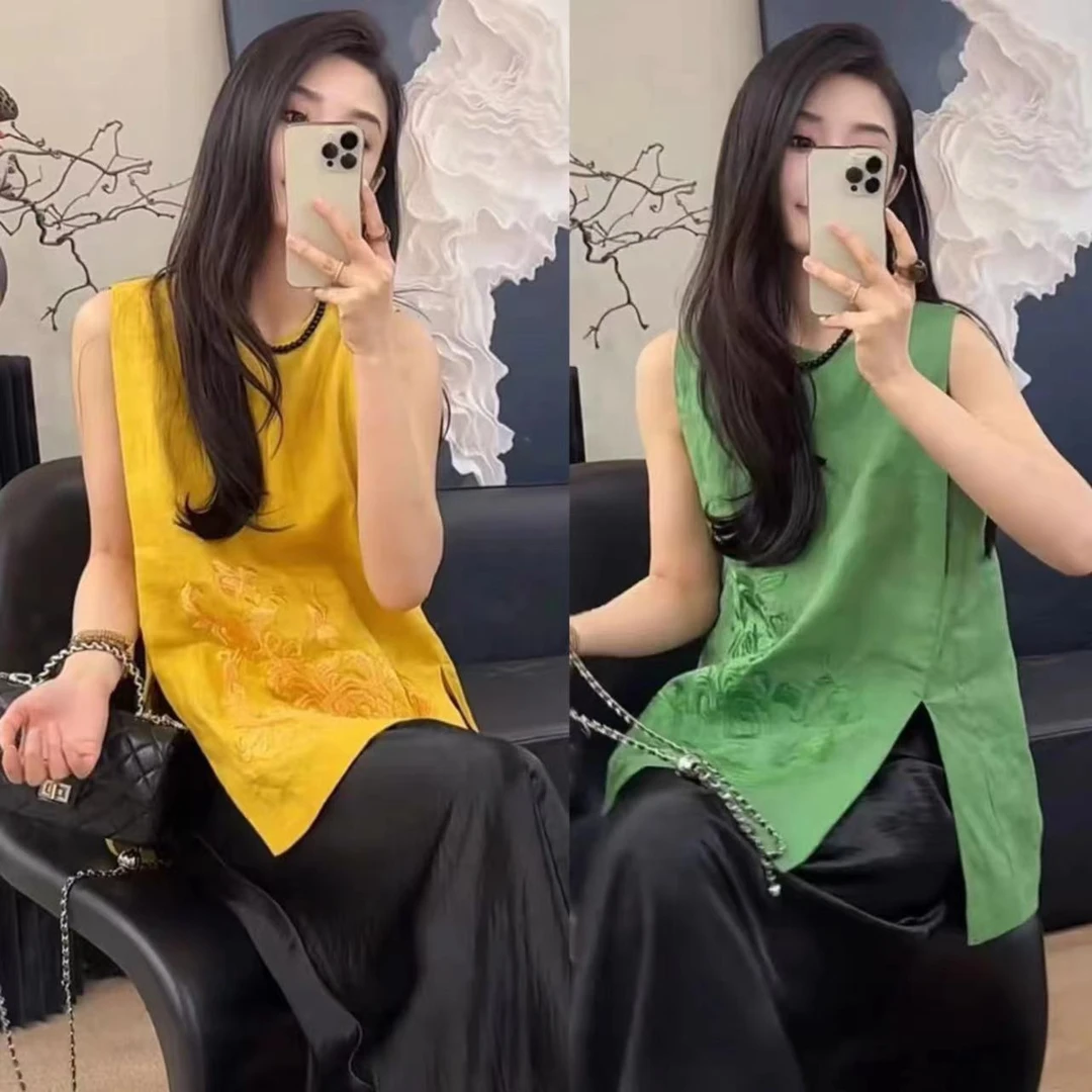 新中式重工刺绣无袖衬衫女2025夏开叉背心国风设计感上衣