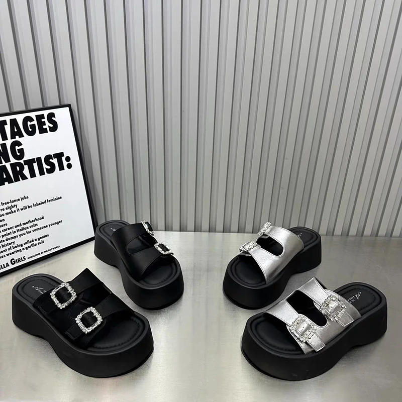 49-9一字拖水钻夏季沙滩鞋厚底修面凉拖鞋松糕底增高网红