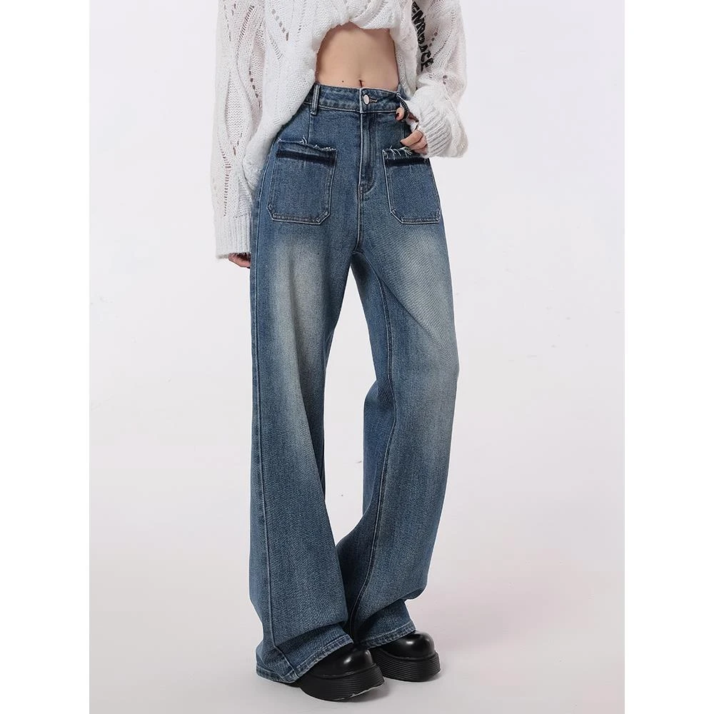 窄版阔腿牛仔裤女高腰春秋季2025新款宽松直筒复古垂感瘦拖地裤子