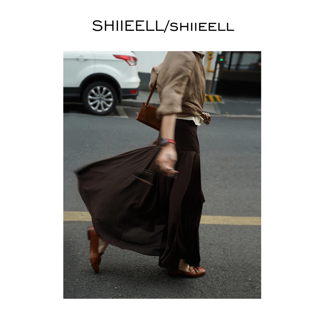 SHIIEELL设计感不规则拼接飘逸舒适精致咖色极简网纱半身裙Z0083
