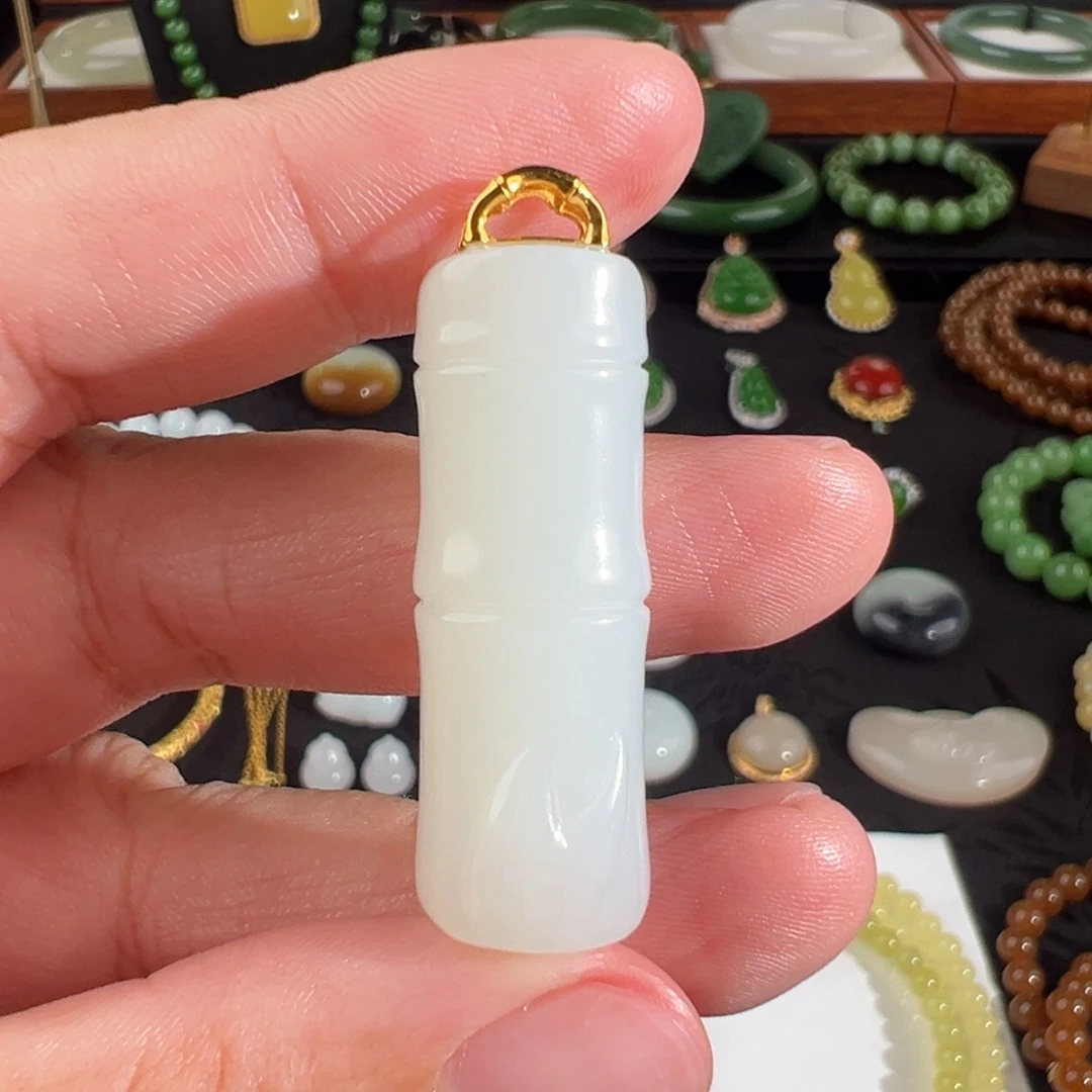 和田玉（白玉）18K金镶嵌颈饰老料白玉立体竹节