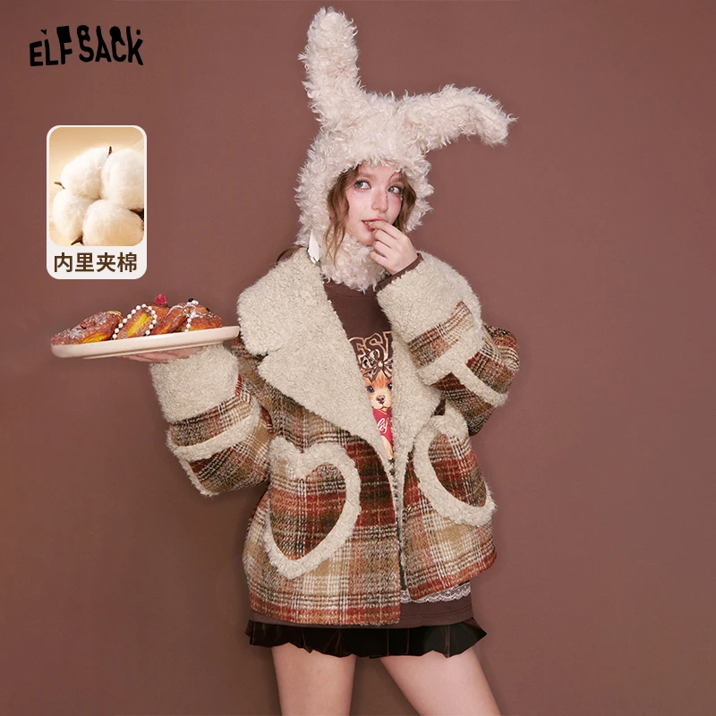 妖精的口袋仿毛绒格纹拼接夹棉短毛呢外套女冬圣诞穿搭25413059