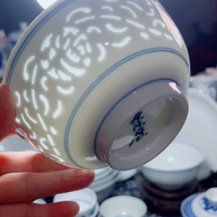 青花玲珑5寸饭碗满雕双福双线