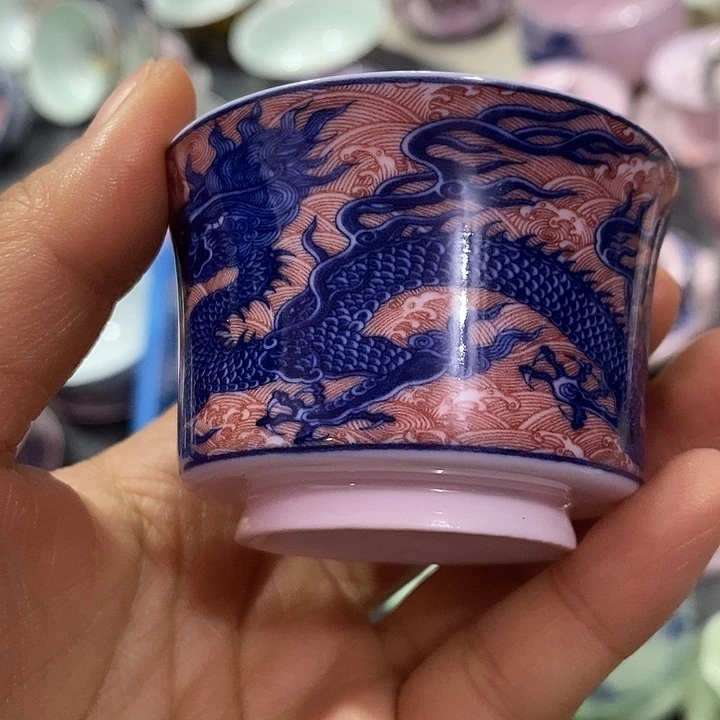 摆件陶红稀土釉里红龙小马蹄杯