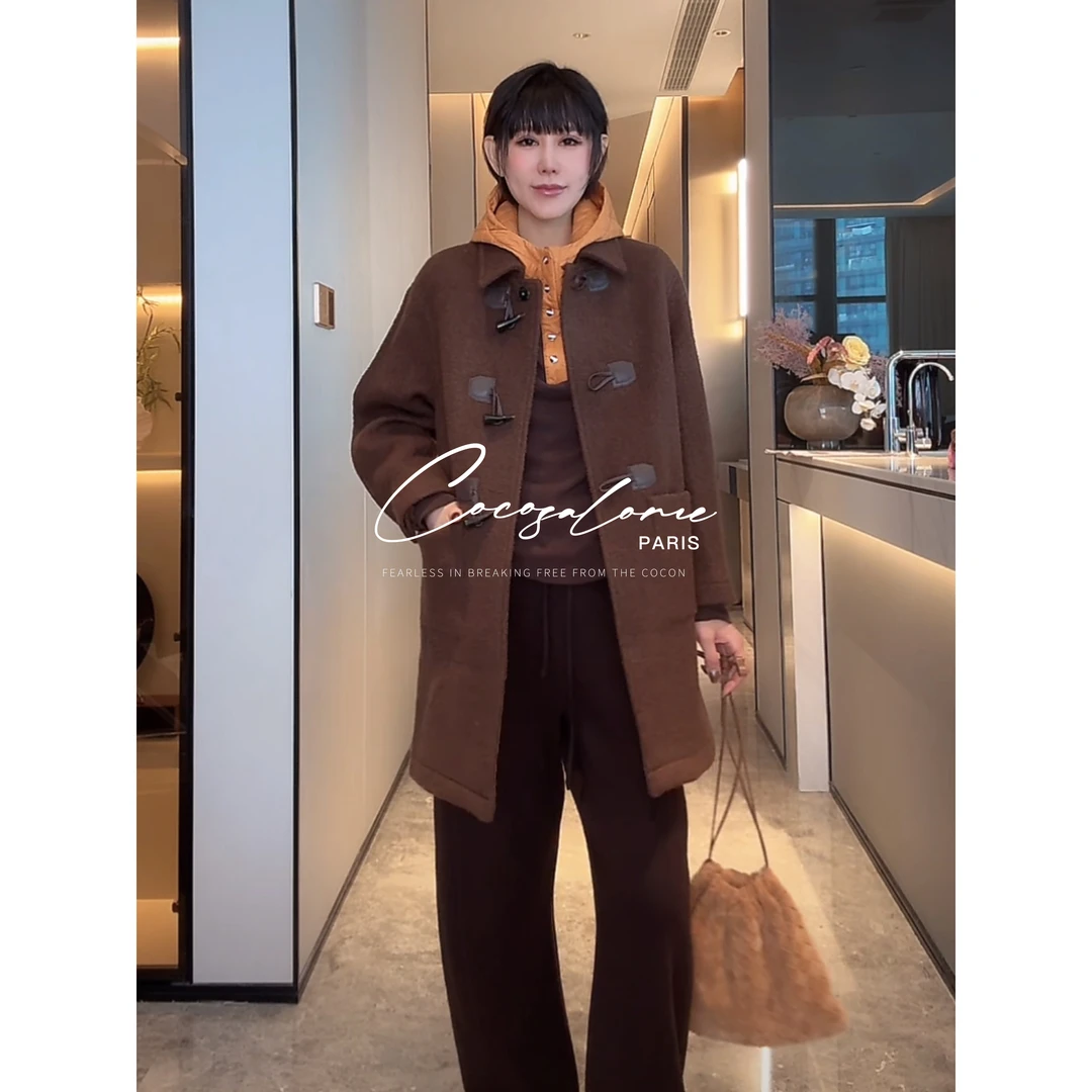 韩彬彬"维也纳"复古棕调高级牛角扣羊毛中长款毛呢大衣2779-7