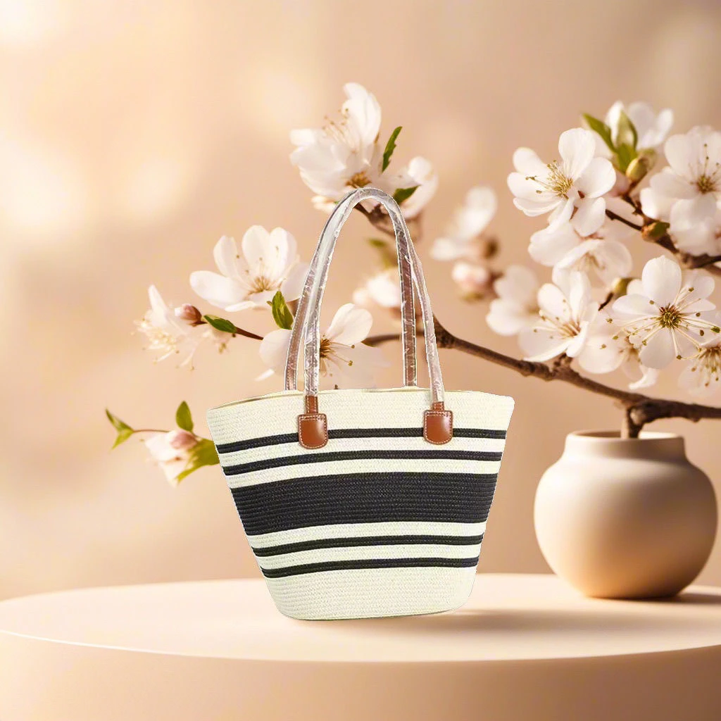 条纹托特包敞口耐磨编织单肩包草编包时尚编织包编制肩包