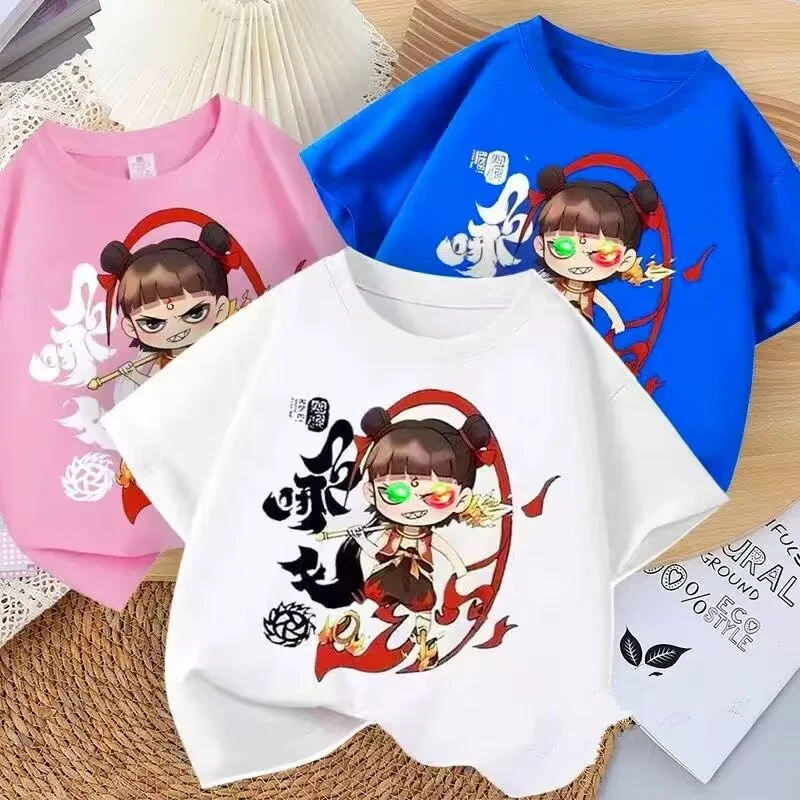 防水发光哪吒可亮灯纯棉短袖T恤2025新款国潮男童夏季半袖中大童