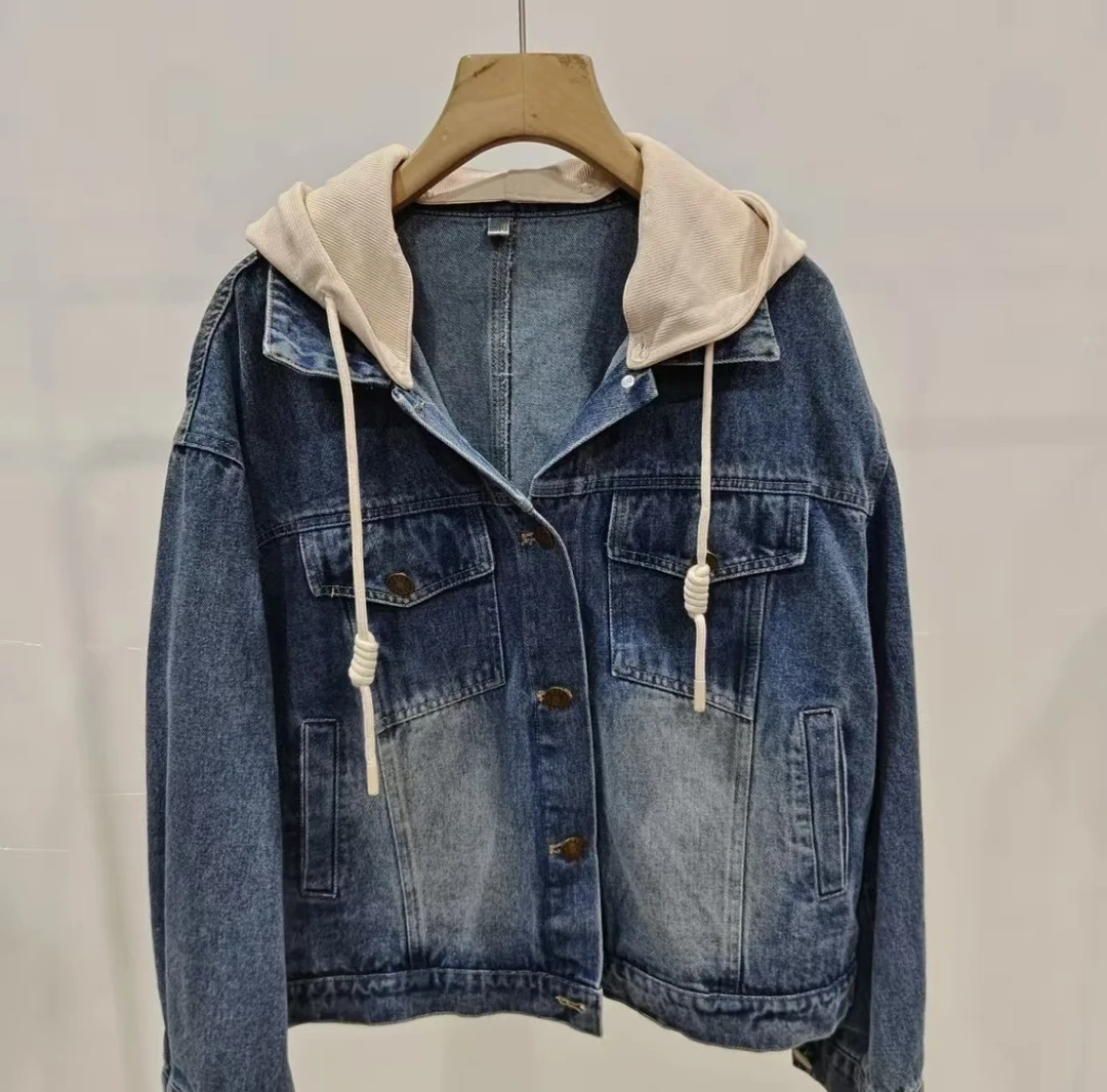 【娟子私服】8F2088设计感复古连帽牛仔外套女春秋大码显瘦今年流行