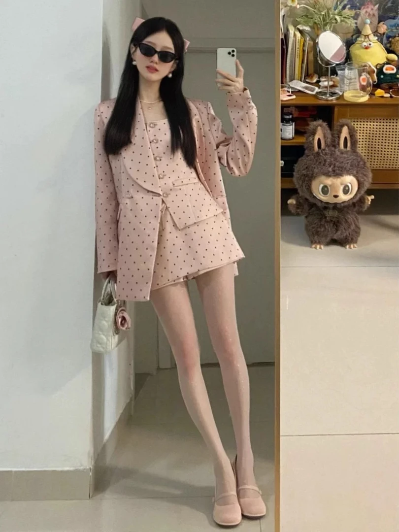 大码胖MM春秋新款高级感波点西服外套➕马甲➕半身裙三件套绝美气质