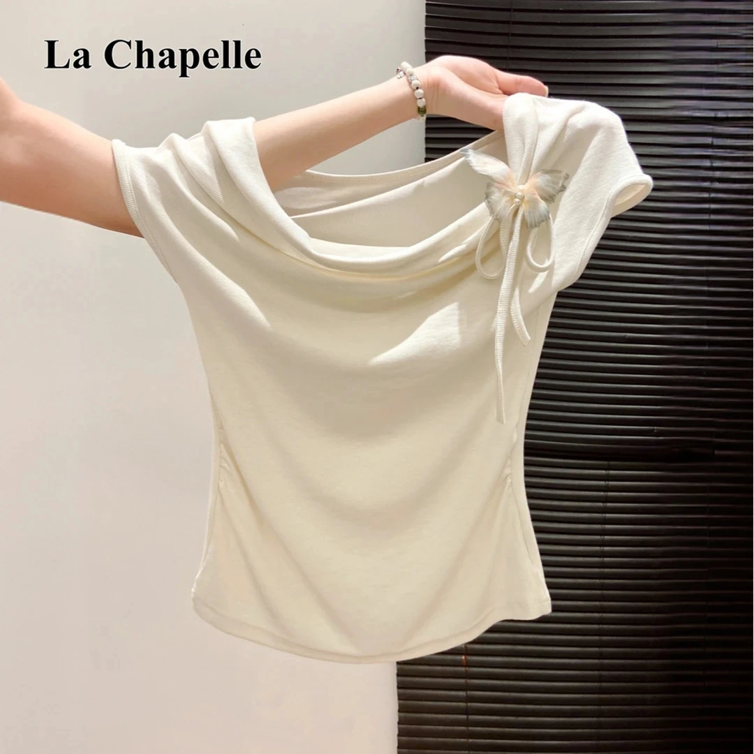 拉夏贝尔斜领立体蝴蝶结短袖T恤女2025夏新老钱风松弛感女装贵气