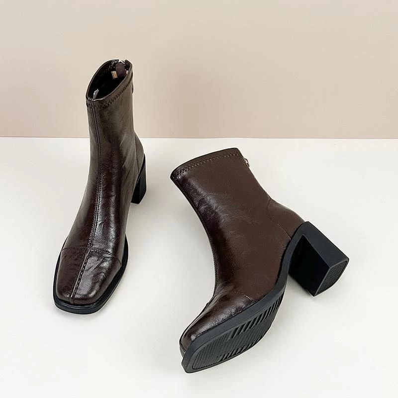 法式真皮百搭高跟短靴女秋冬气质加绒粗跟方头瘦瘦弹力靴通勤裸靴