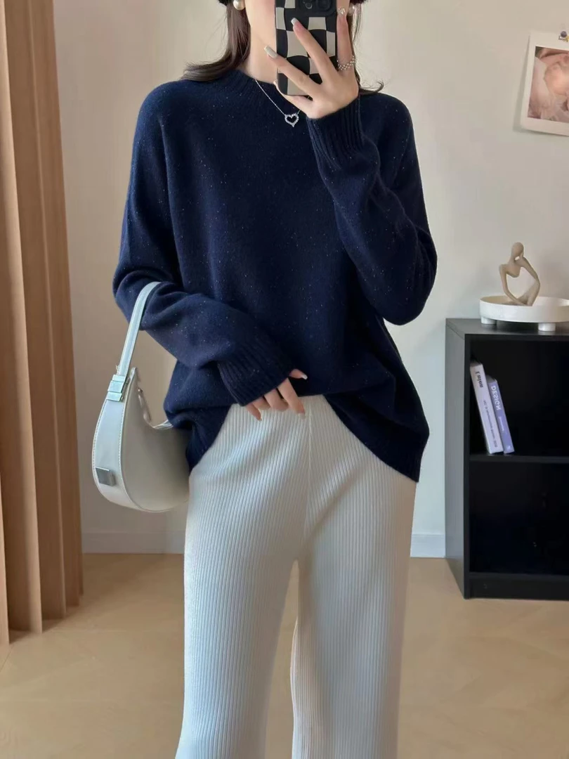 无缝一体半高领针织毛衣宽松打底衫8147