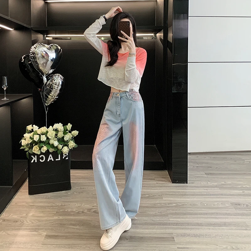 欧货高端粉色休闲运动套装女春秋减龄洋气卫衣烫钻牛仔裤两件套潮