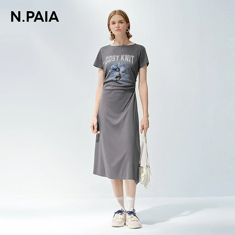 N.PAIA恩派雅2025新款郁金香图案短袖T恤连衣裙女XNKEC4624A
