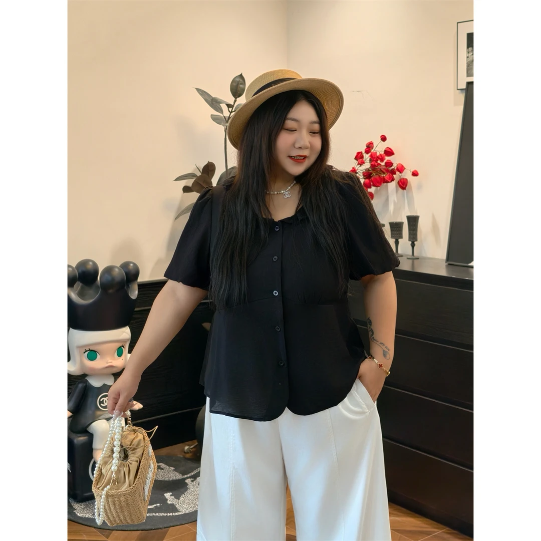 大码女装夏季宽松减龄休闲花契200斤胖mm设计感韩国棉小衫15342