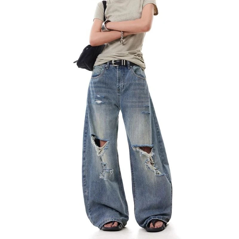 美式复古竹节破洞牛仔裤cleanfit男女直筒弯刀阔腿裤街头帅气长裤