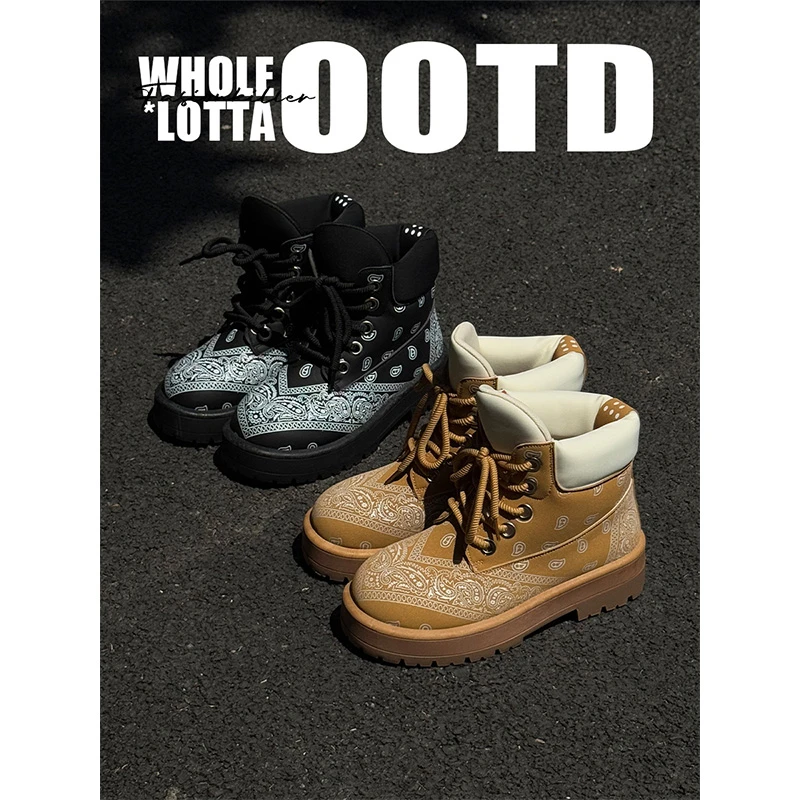 aoyo“复古系列”秋冬新款美式高帮复古面包马丁靴厚底增高大黄靴男