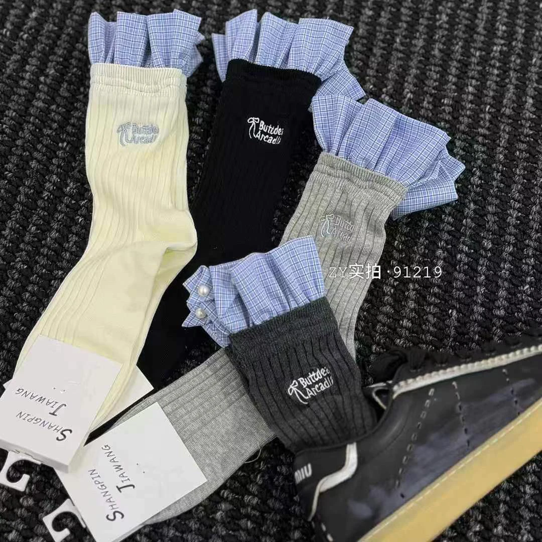 蓝格蓬边珍珠刺绣中筒袜设计感竖条纹潮流饰品袜