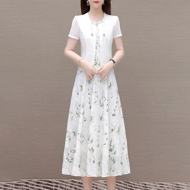夏季女士优雅雪纺碎花连衣裙新款中年妈妈减龄显瘦中长裙子两件套