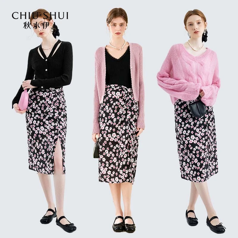 【林一】秋水伊人碎花雪纺直筒半身裙开叉中长裙624102D090272