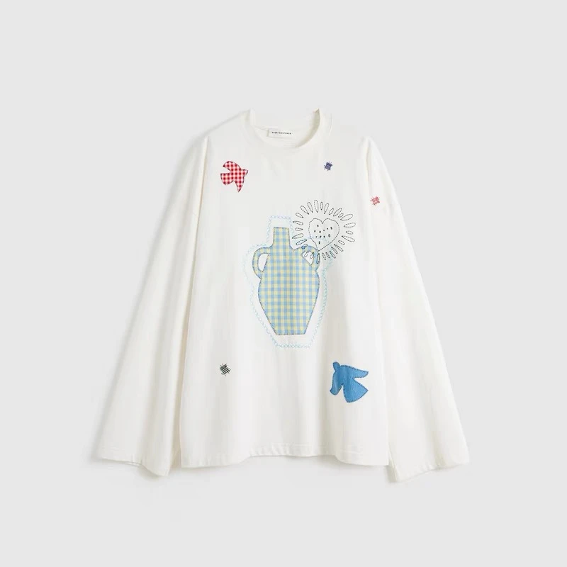 SHORT SENTENCE 短句 25春新品设计师款拼布刺绣长袖T恤博主同款