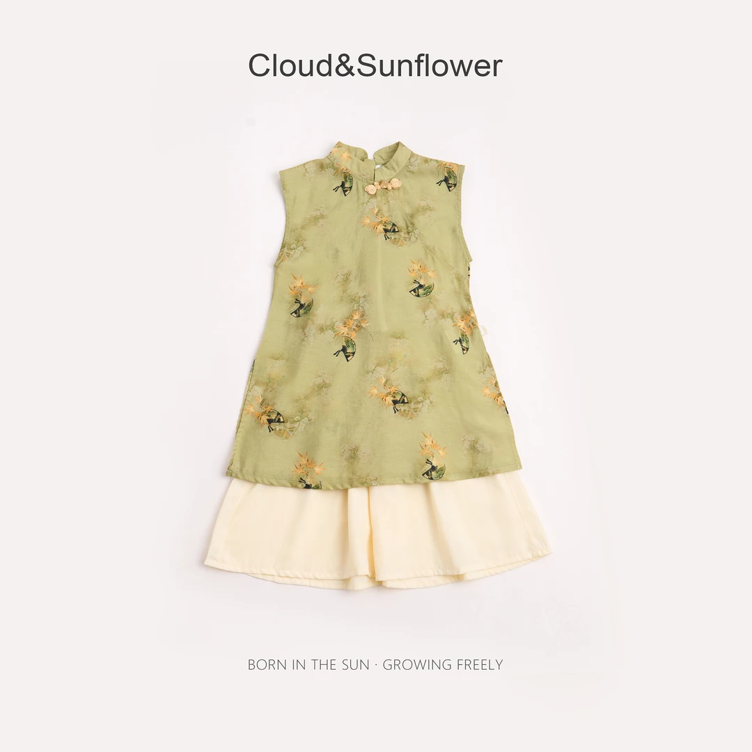 【云朵小葵】女童夏改良旗袍套装 团扇枫叶中国风裙裤两件套1114158