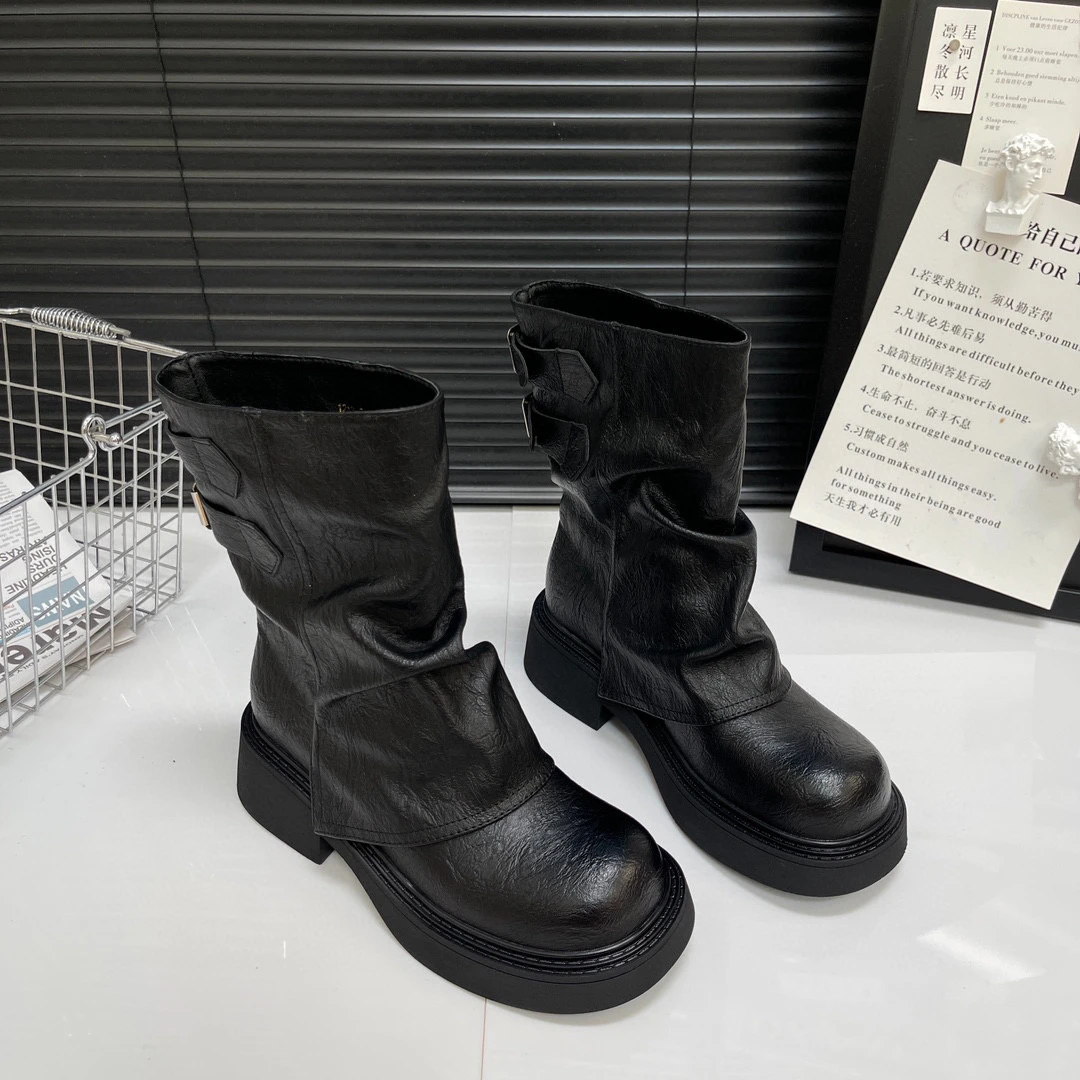 【芳芳私人定制】复古褶皱堆堆靴厚底中筒靴女秋冬靴美拉德马丁靴