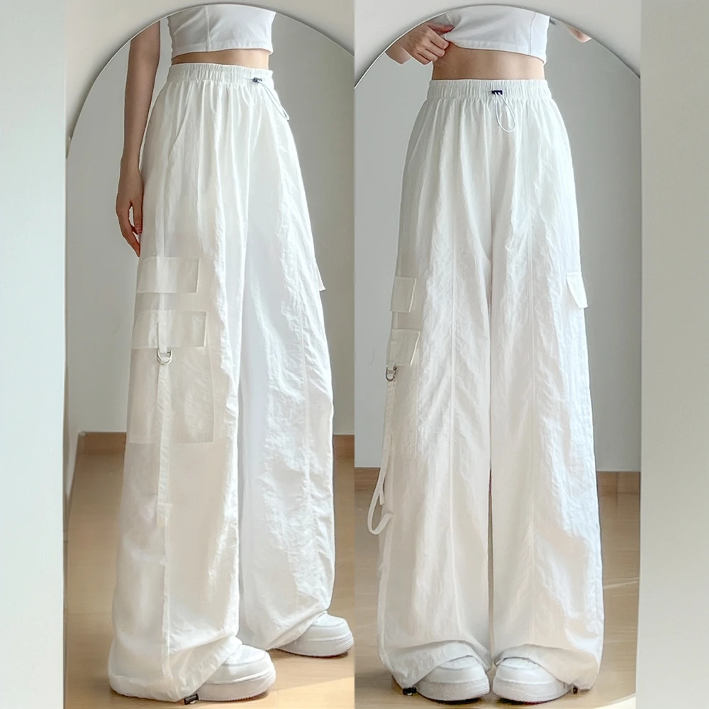 白色速干工装裤女夏季2025薄款冰丝阔腿裤新款美式高腰宽松运动裤