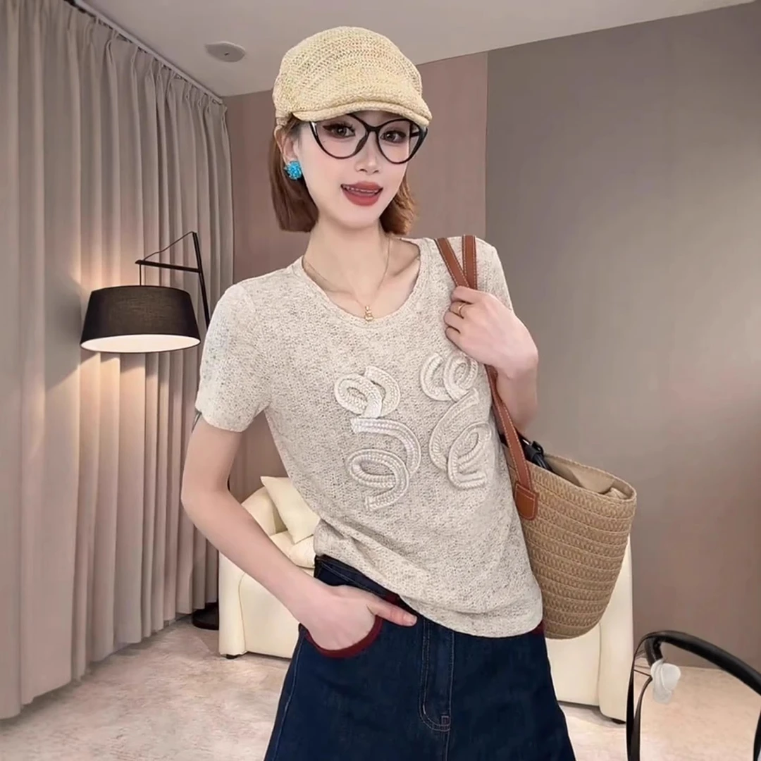镂空编织圆领短袖t恤女夏季2025新款小衫休闲百搭正肩显瘦上衣潮