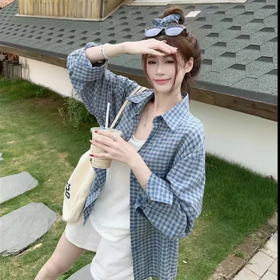 格子长袖衬衫女2025新款设计感小众开衫上衣衬衣休闲百搭秋季复古