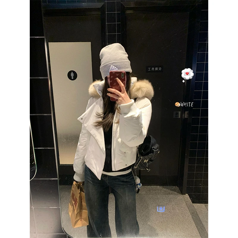 韩系毛领白色短款羽绒i服女2025冬季加厚保暖90白鸭绒连帽外套