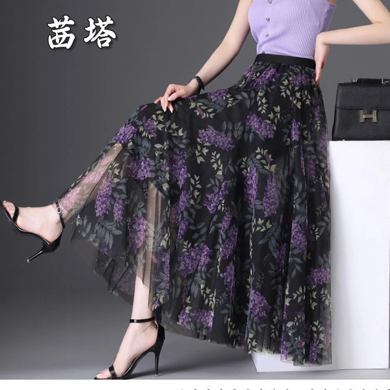 印花网纱a字裙半身裙女春季2025新款高腰显瘦中长款大摆百褶长裙
