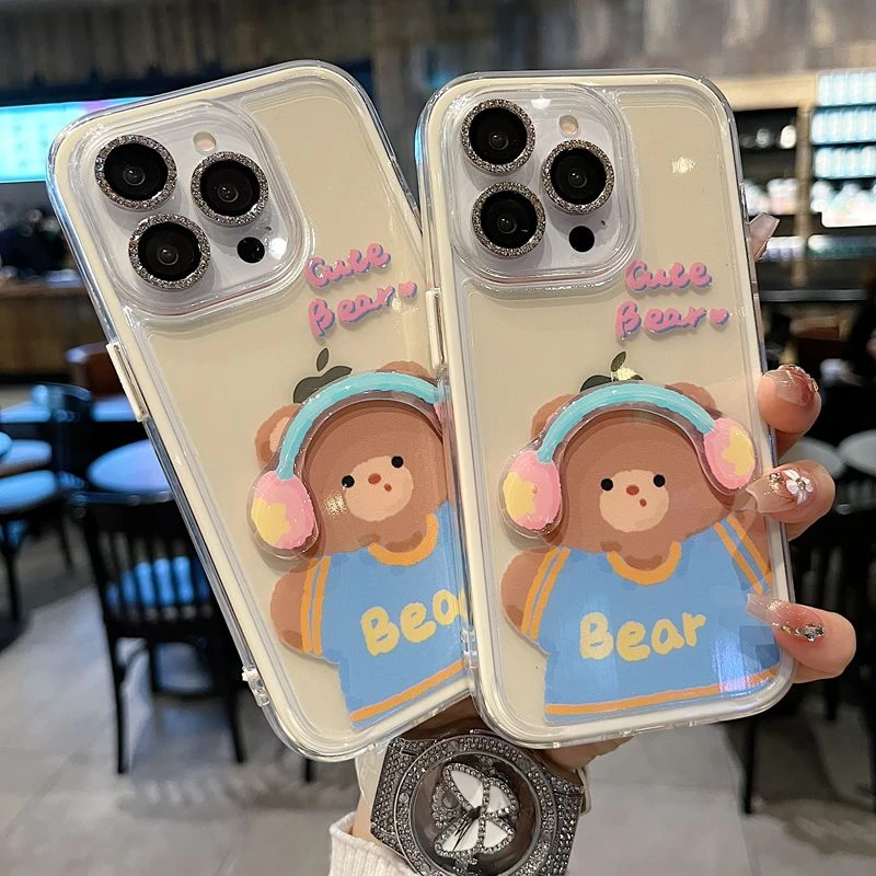 适用苹果系列iPhone16新款手机壳可爱耳机小熊全包防摔大孔保护套