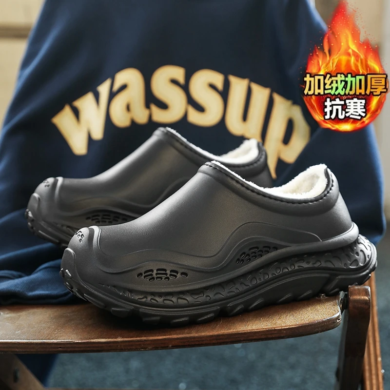 加绒棉鞋外穿秋冬厚底增高保暖棉拖防滑防水百搭包头毛拖鞋男女款