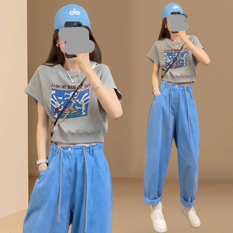 韩系复古印花T恤两件套女2025夏新款韩版宽松抽绳哈伦裤时尚套装
