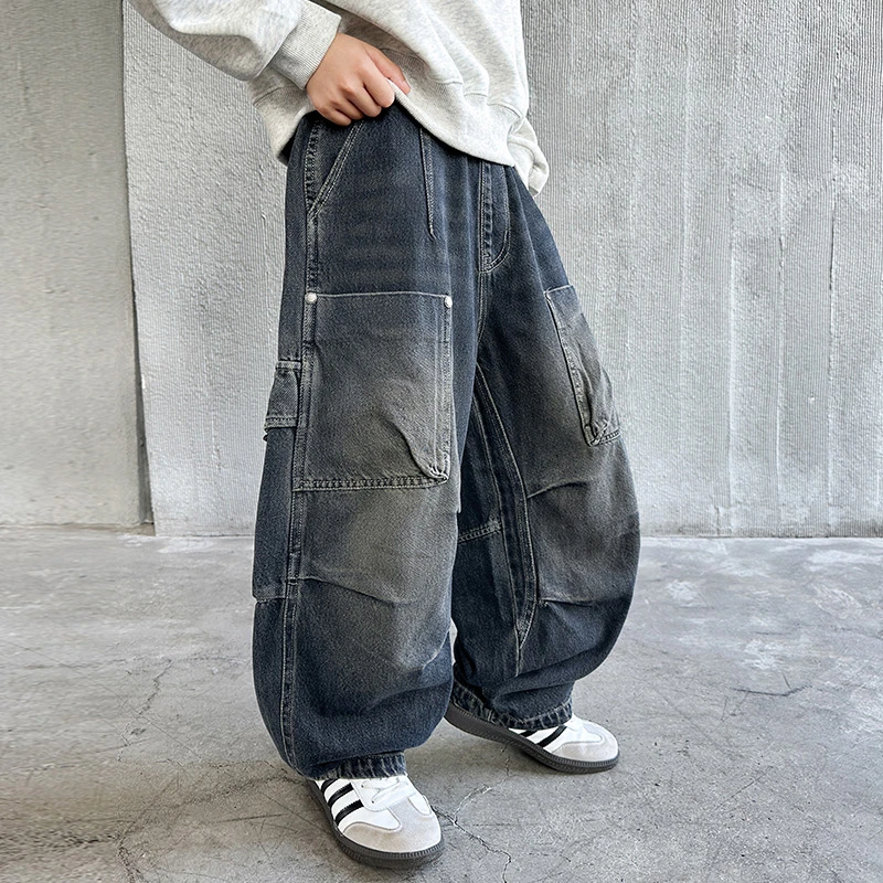 男童牛仔工装裤2025年秋季新款复古时尚潮牌大口袋牛仔裤百搭潮酷
