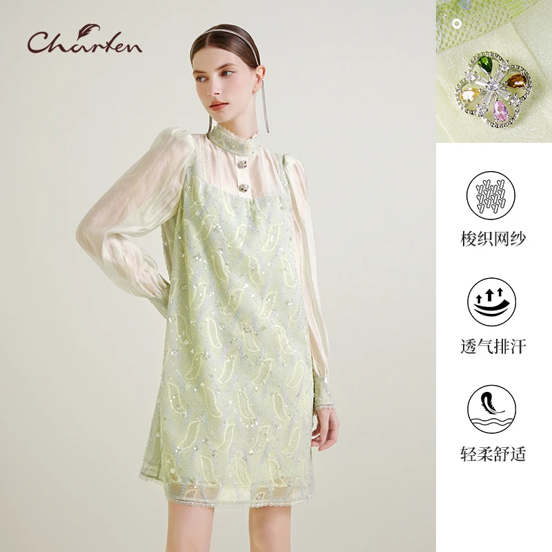 【媛媛专享】朝峰春夏季新款钉珠蕾丝连衣裙CFE2E613-6016G