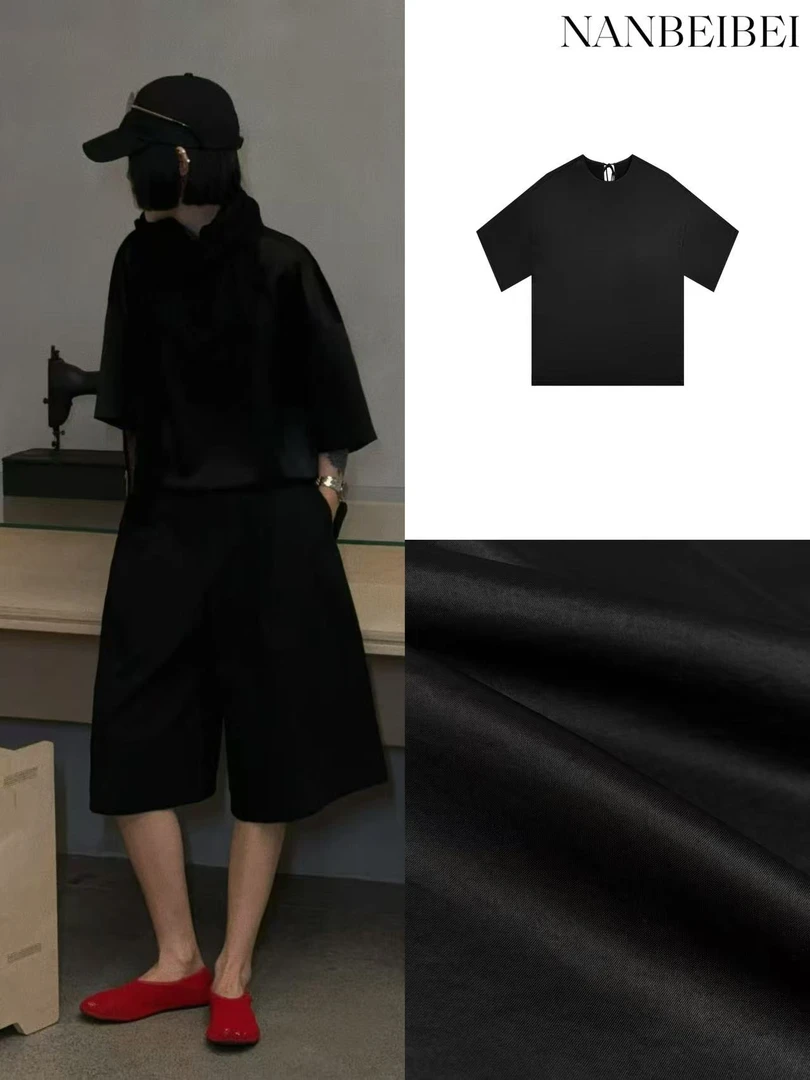 NanBeiBei 缎子T 原创设计款高级光泽感宽松系带短袖上衣 053